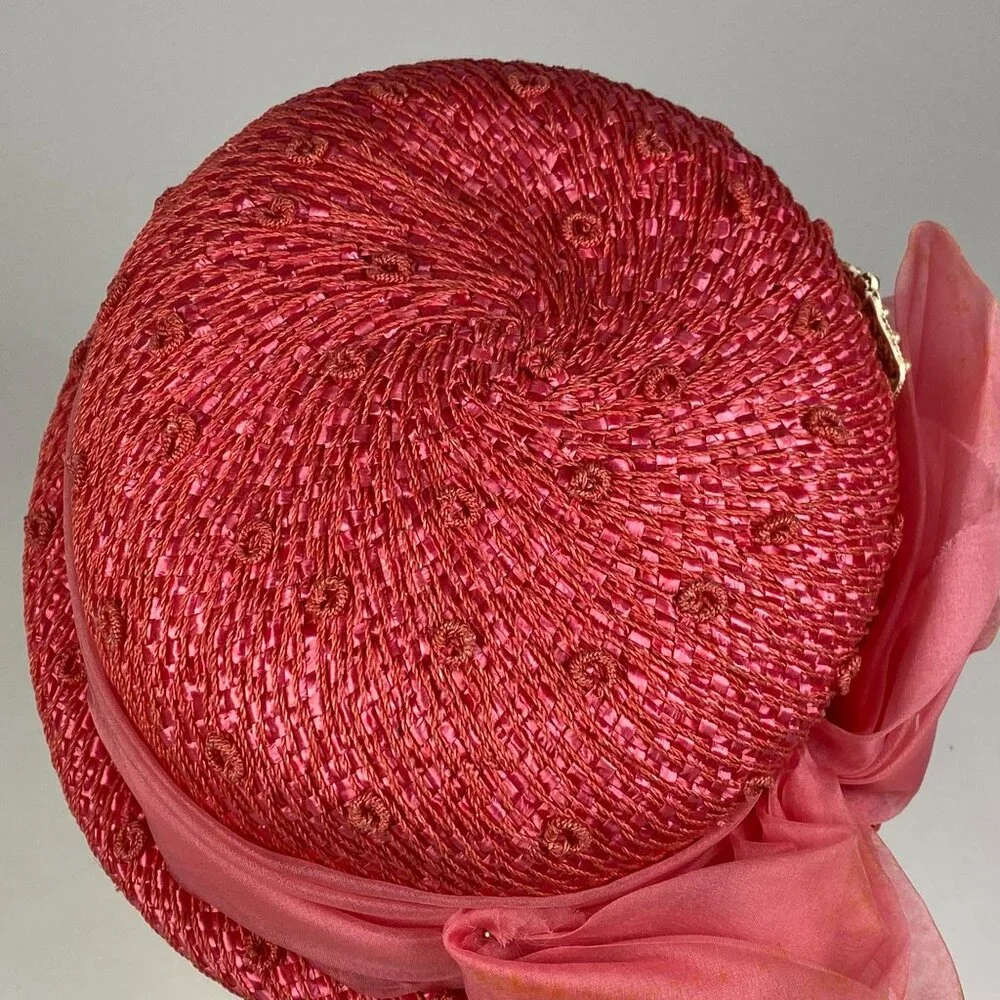 Vintage Lazarus Paris Pink Straw Raffia Hat Sheer Ribbon & Bow Accent Millinery